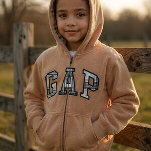 GAP Kids Vintage Soft Plaid Logo Zip Tan Hoodie Size M